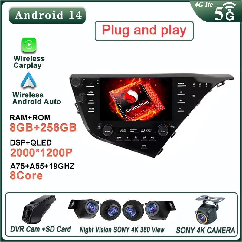

Android 14 For Toyota Camry 8 XV 70 2017-2020 2021 Multimedia Stereo Head Unit Navigation GPS Auto Player Car Radio
