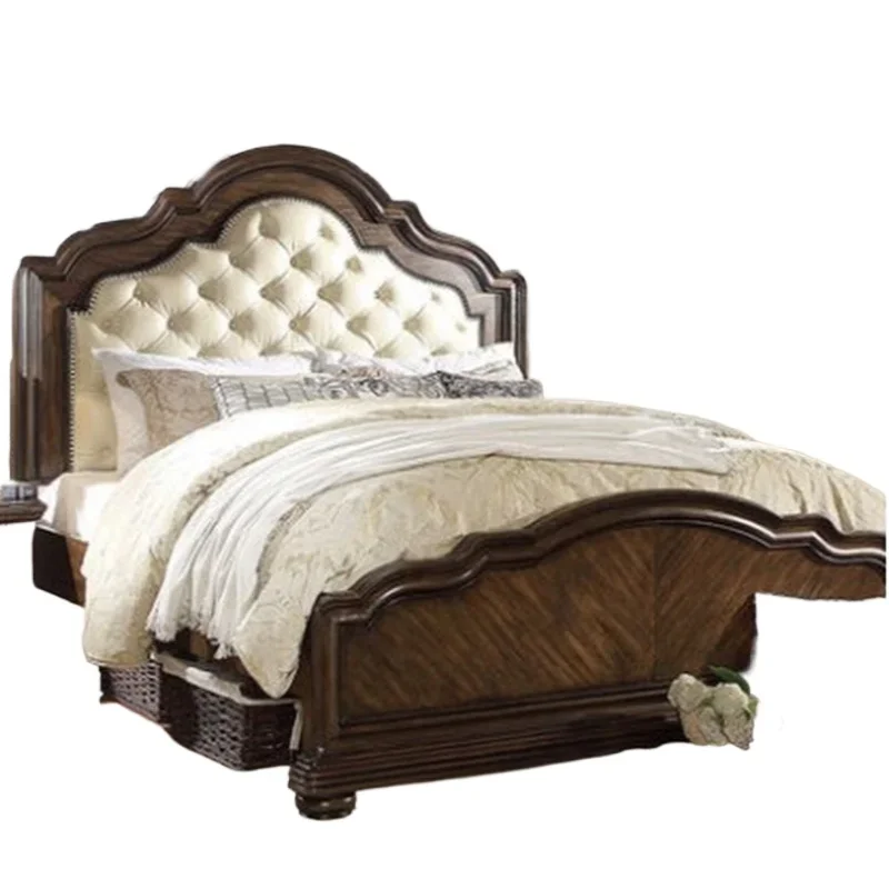 

Solid wood villa light luxury leather art buckle soft princess bed double bedroom retro wedding bed