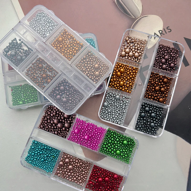 6 Grids Christmas Mixed Size Nail Pearl Charms Red/Green Christmas Wreath Pearlescent Beads Nail Decorations DIY Manicure Parts