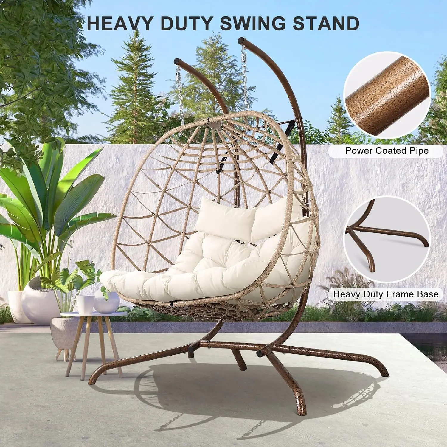 2 Person Egg Swing Chair with Stand Thick Cushions & Pillows Patio Garden Outdoor Hanging Wicker Rattan Seat, Customized - view 3