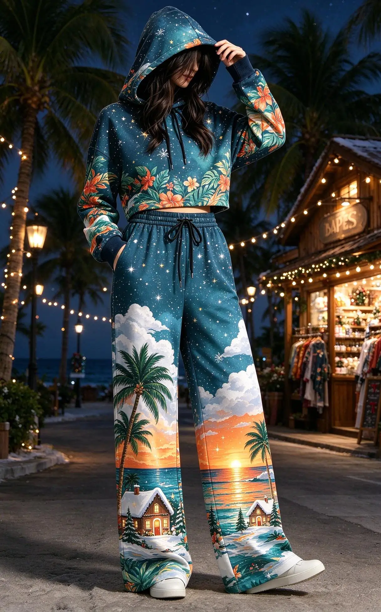 Women Wide Leg Pants Winter Christmas Snowy Cabin Pine Moon Star Print Drawstring Elastic Waist Loose Casual Holiday Trousers