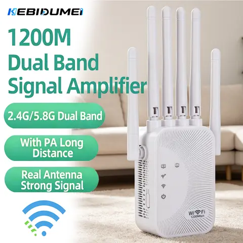KEBIDUMEI Répéteur WiFi double bande AC1200 1200 Mbps 2,4 G et 5 GHz, amplificateur de signal sans fil pour maison et bureau