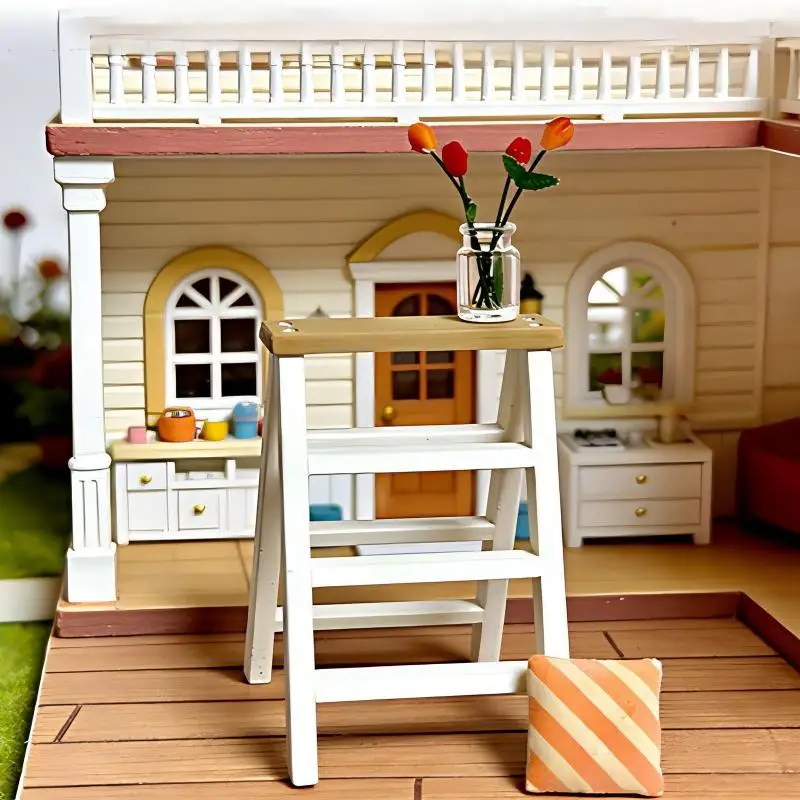 1 12 Miniature Ladder Model Wooden Shelf for Dollhouse Home Decor Creative Scene Arrangement