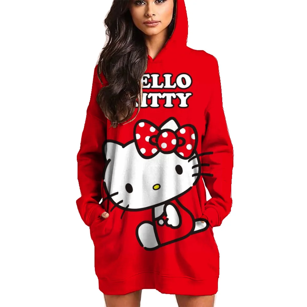 

New Fashion Simple Street Style HelloKitty Cartoon Print Long Sleeve Hooded Sweater Dress Warm and Comfortable Women's Clothing