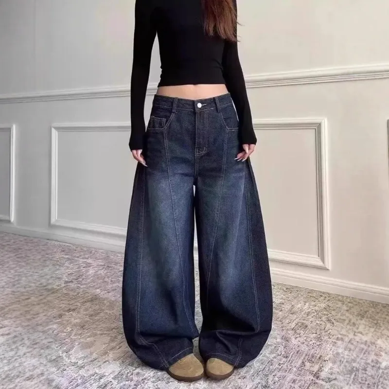 

pants 2026 Autumn New Women American Vintage Washed Loose Embroidery Letter Curved Jeans Wide Leg Casual High Street Long Pants