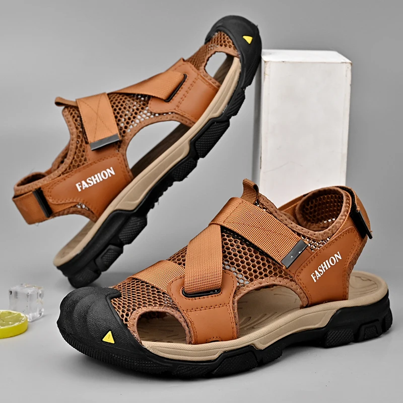 

2026 Summer New Men's Closed Toe Sandals Breathable Mesh Outdoor Sports Beach Shoes Anti-Slip Hollow Cow Leather Sneakers