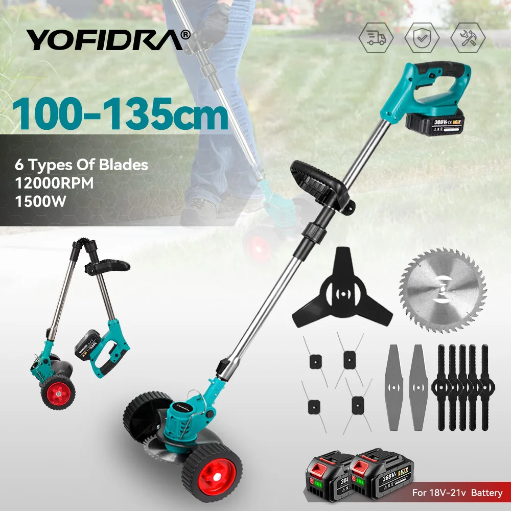 Yofidra Electric Lawn Mower Handheld Cordless Garden Grass Trimmer Length Adjustable with 2 Battery For Makita 18V Battery Pin