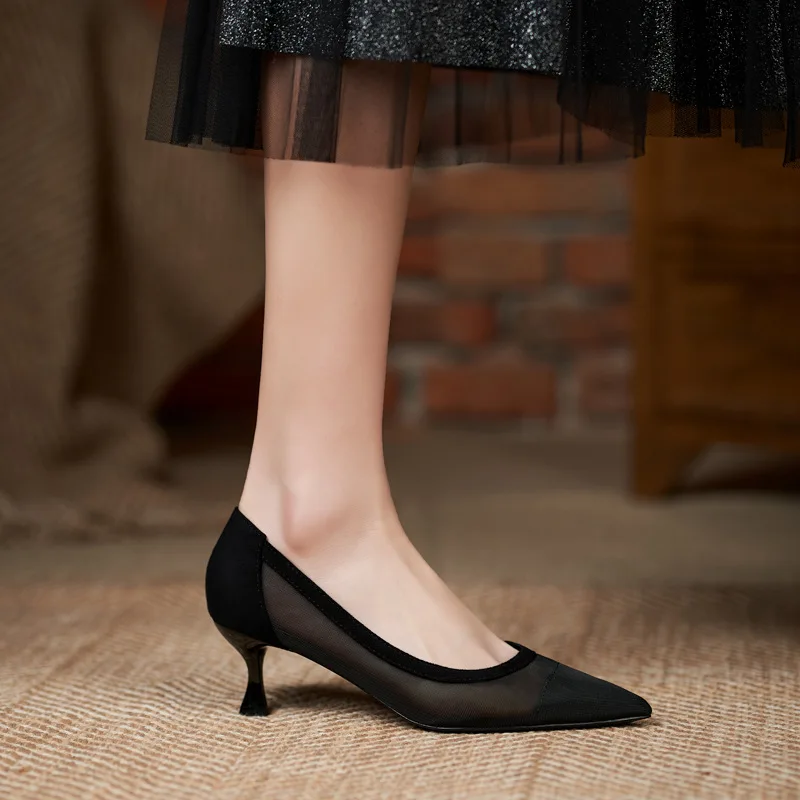 Comemore 2022 Spring Summer Thin Heels Pumps Women Pointed Toe High Heel Work Shoes Dot Mesh Vintage Elegant Shallow Stiletto 43