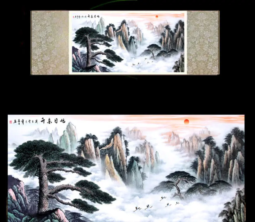 

Chinese Silk Scroll Landscape Painting Home Office Decoration(The sun rises to welcome visitors)