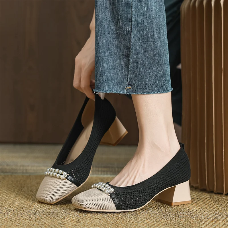 2024 Women Casual Patchwork Slip on Mesh Hollow Square Heel Butterfly Black Shoes Comfort Party Wedding Office Single Shoes