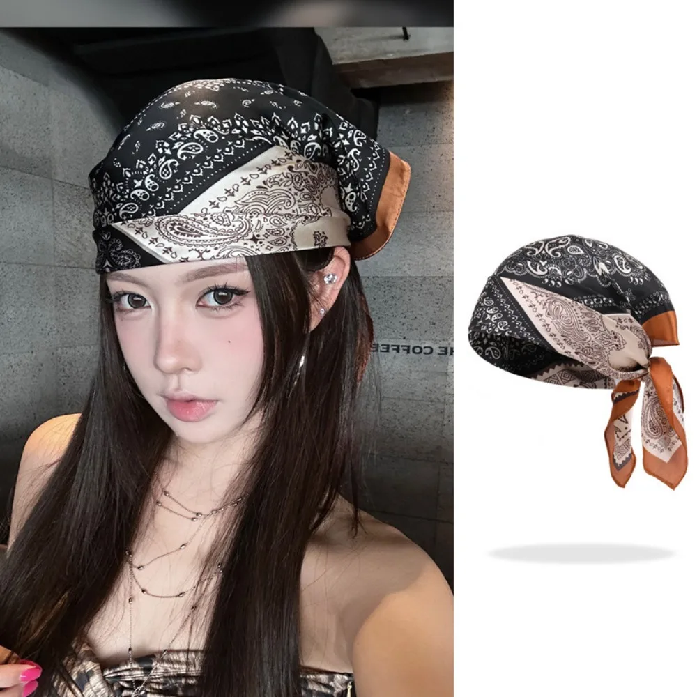 Retro Y2K Cashew Flower Print Scarf Geometric Shape Hip Hop Small Square Scarf Headband Korean Punk Bandana Vacation