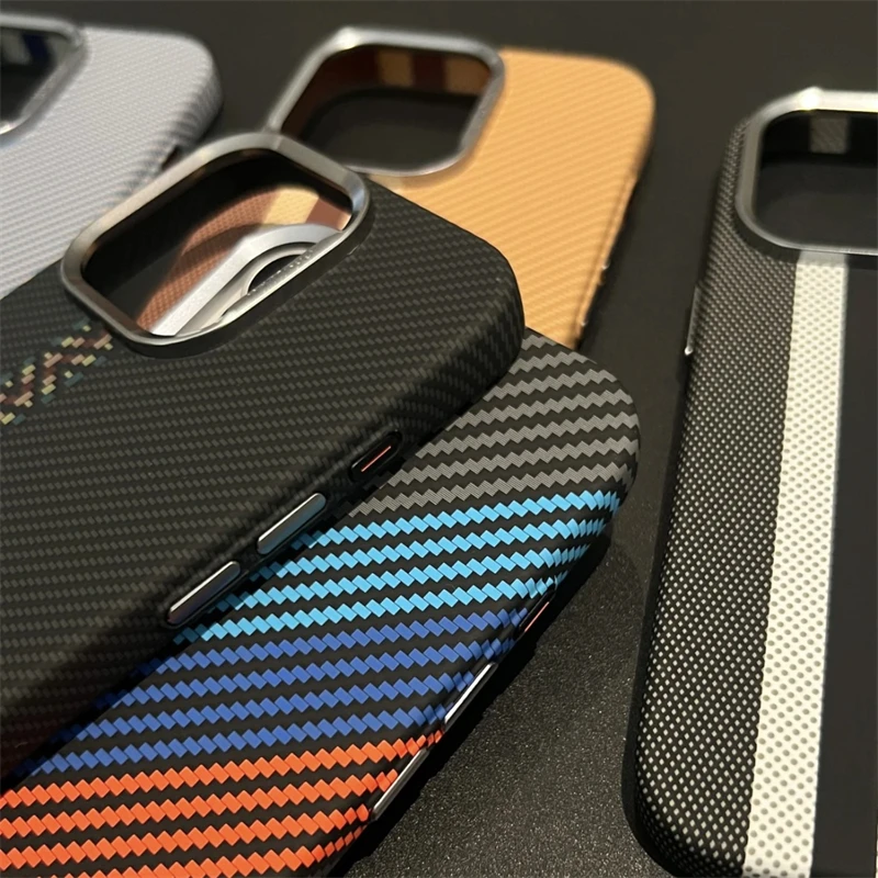 Ultra-Thin Carbon Fiber Texture Phone Case For iPhone 17 16 15 14 13 12 Pro Max MagSafe  Wireless Charging Alloy Lens Hard Cover
