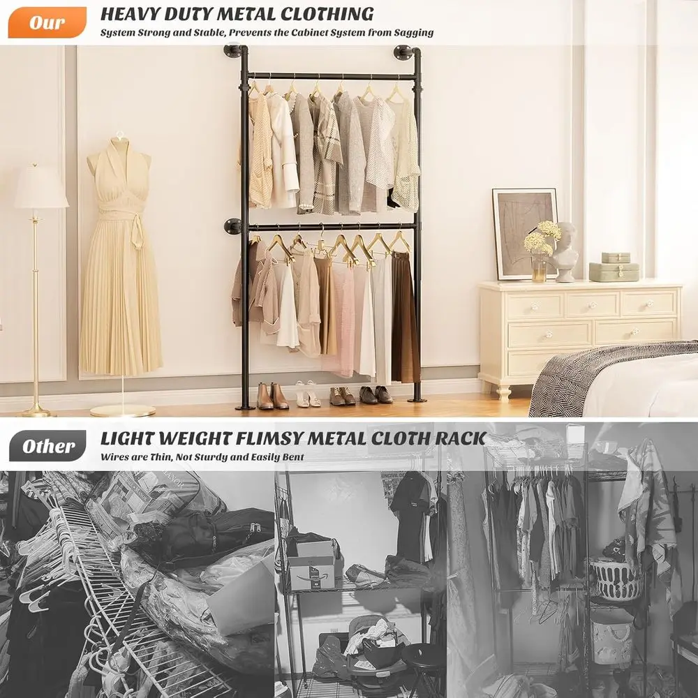 3.5FT Reversible Industrial Style Hanging Clothes Rack, Heavy Duty Wall Mounted Wardrobe, Compact Walk-in Closet System, Black