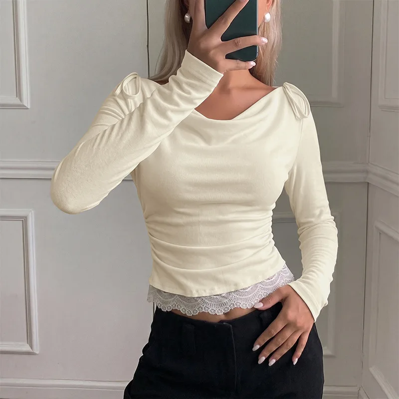 New French Pure Desire T-shirt Solid Color Swing Neck Lace Splicing Slim Fit Women's Top Elegant Yellow Gentle Female Blouse