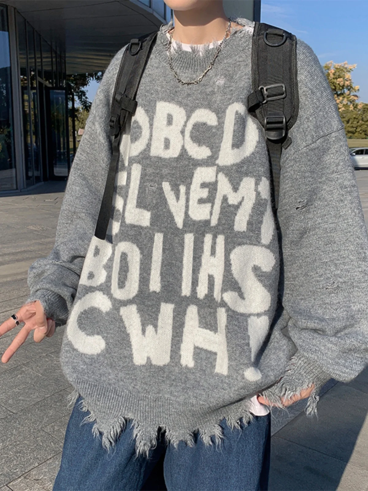 

Casual Knitted Sweater Men's Inner Wear Winter Warm High Street Sle Irregular Hole Printing Hip Hop Sle Youth Faion