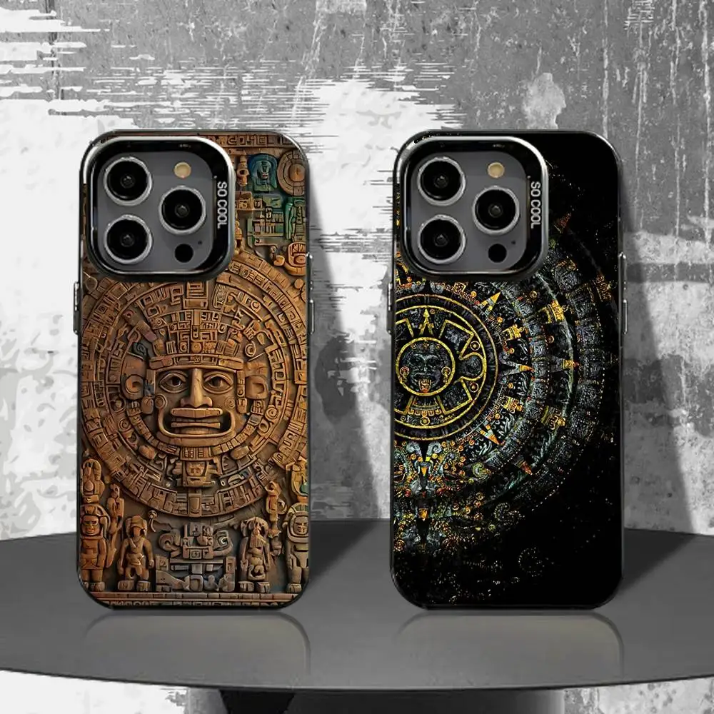 

Phone Case For iPhone 16,15,14,13,12,11,Pro,XS,Max,Plus,Mini,SE4,E Mayan Aztec Calendar Statue Black Matte Shockproof Cover