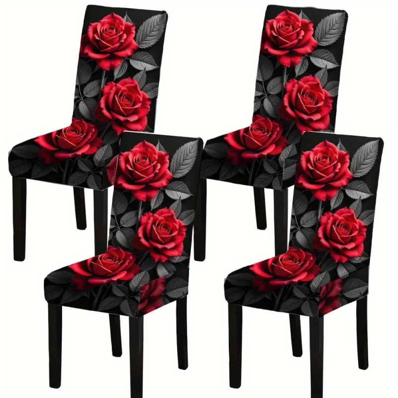4/6pcs Luxury Black Red Rose Floral Print Stretch Dining Chair Cover – Removable Washable Dramatic Floral Slipcover