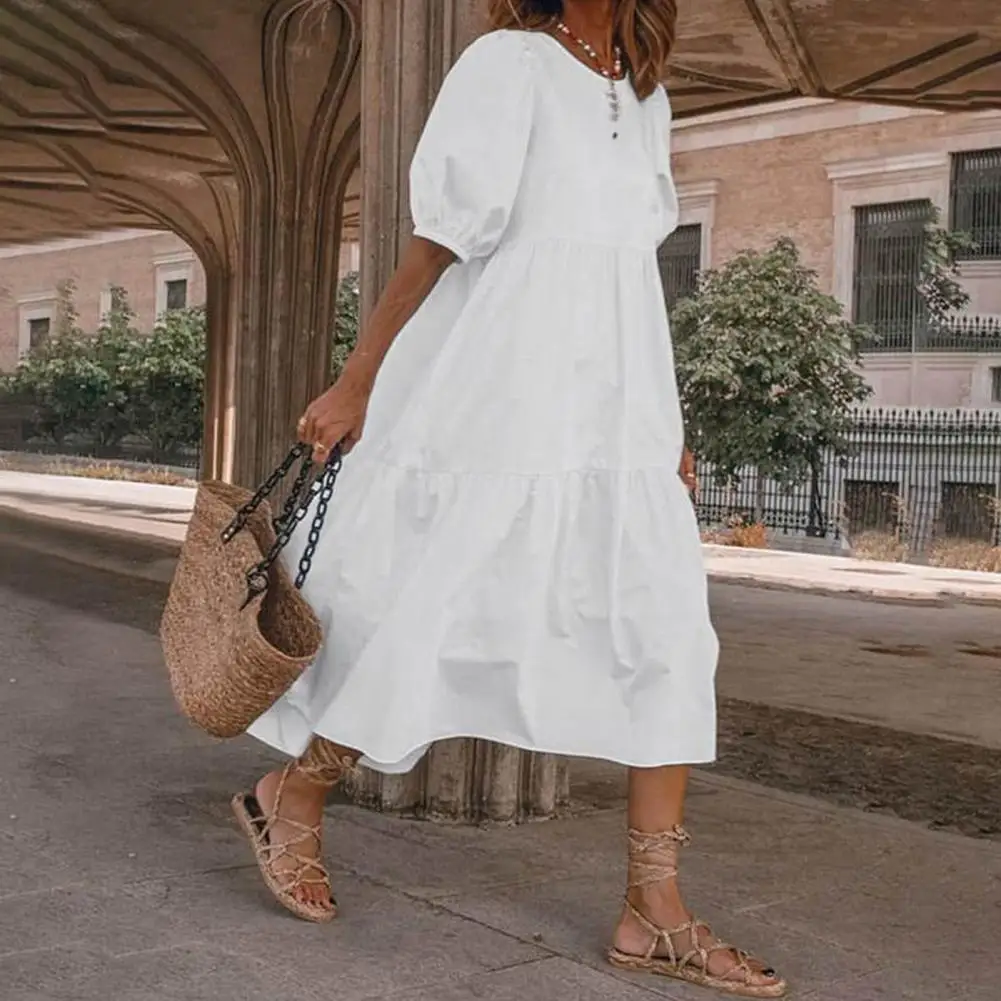Vintage Fashion Women's Summer Midi Dress Boho Short Lantern Sleeves Sundress Crew Neck Linen Loose Beach Dress