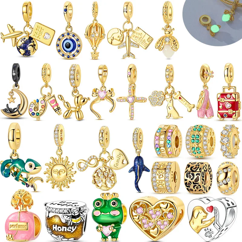 925 Sterling Silver Gold Series DIY Pendant Beads, Inlaid Zircon Eternal Family Tree Charm, Fits DIY Bracelet Jewelry Making