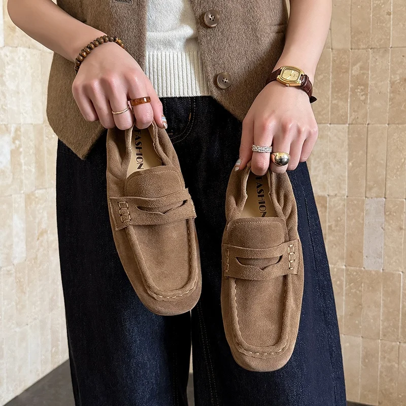 Женские туфли-мюли на плоской подошве для весны и осени, классический стиль, простые туфли из натуральной замши, с квадратным носком, без застежек, лоферы, женская повседневная обувь для работы
