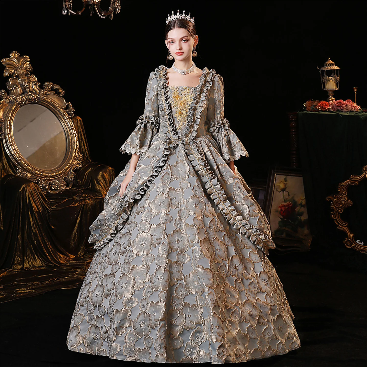 

23 Grey Cloak, Court Oil Painting Dress, French Fluffy Fragmented Flower Photography Annual Meeting Performance Dress