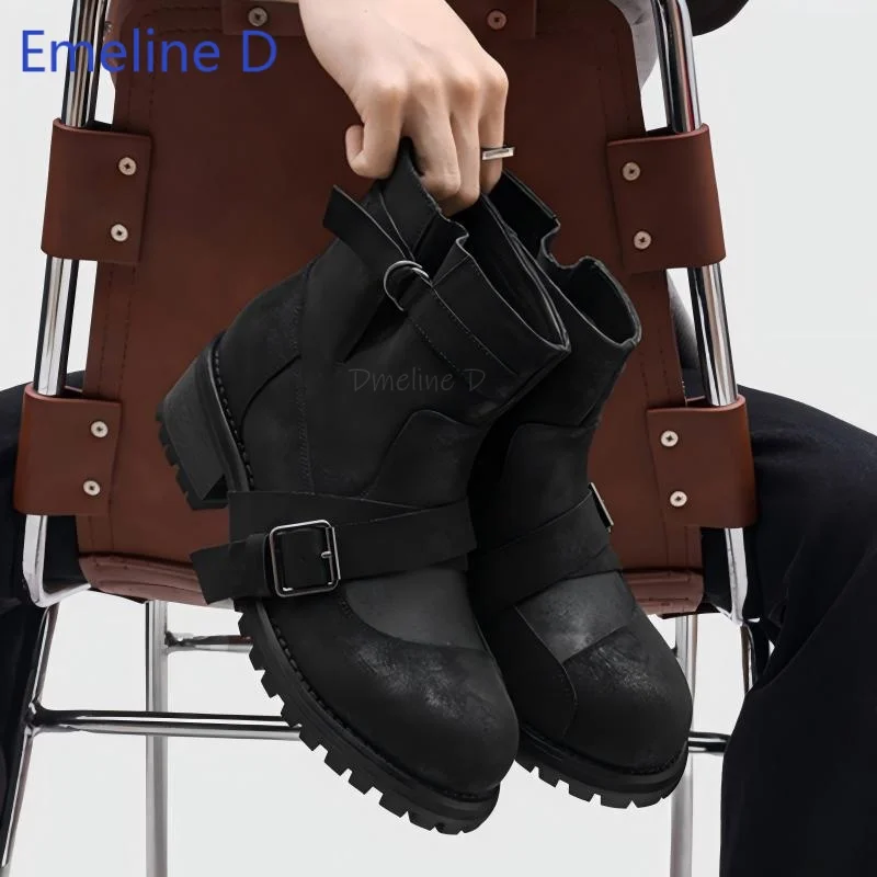 Mens Short Moto Combat Boots Worn Washed Leather Upper Overlapping Cross Buckle Belt Decor Clean Round Toe Daily Punk Footwear
