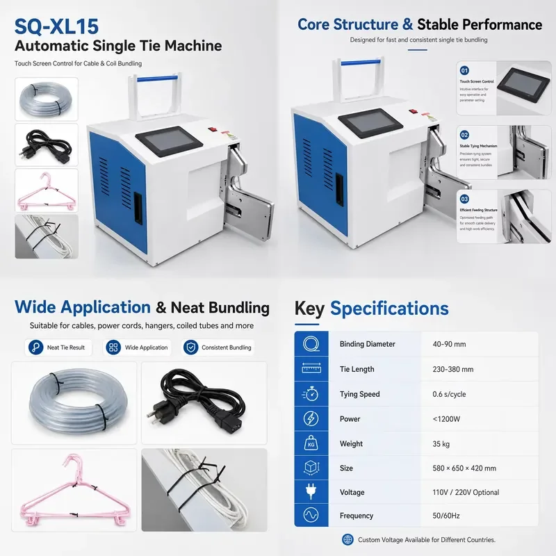 Qilin SQ XL15 Automatic Cable Tie Tying Machine Touchscreen Gold/Silver High for Power Cords Food Bags 40-90mm Diameter 0.6s