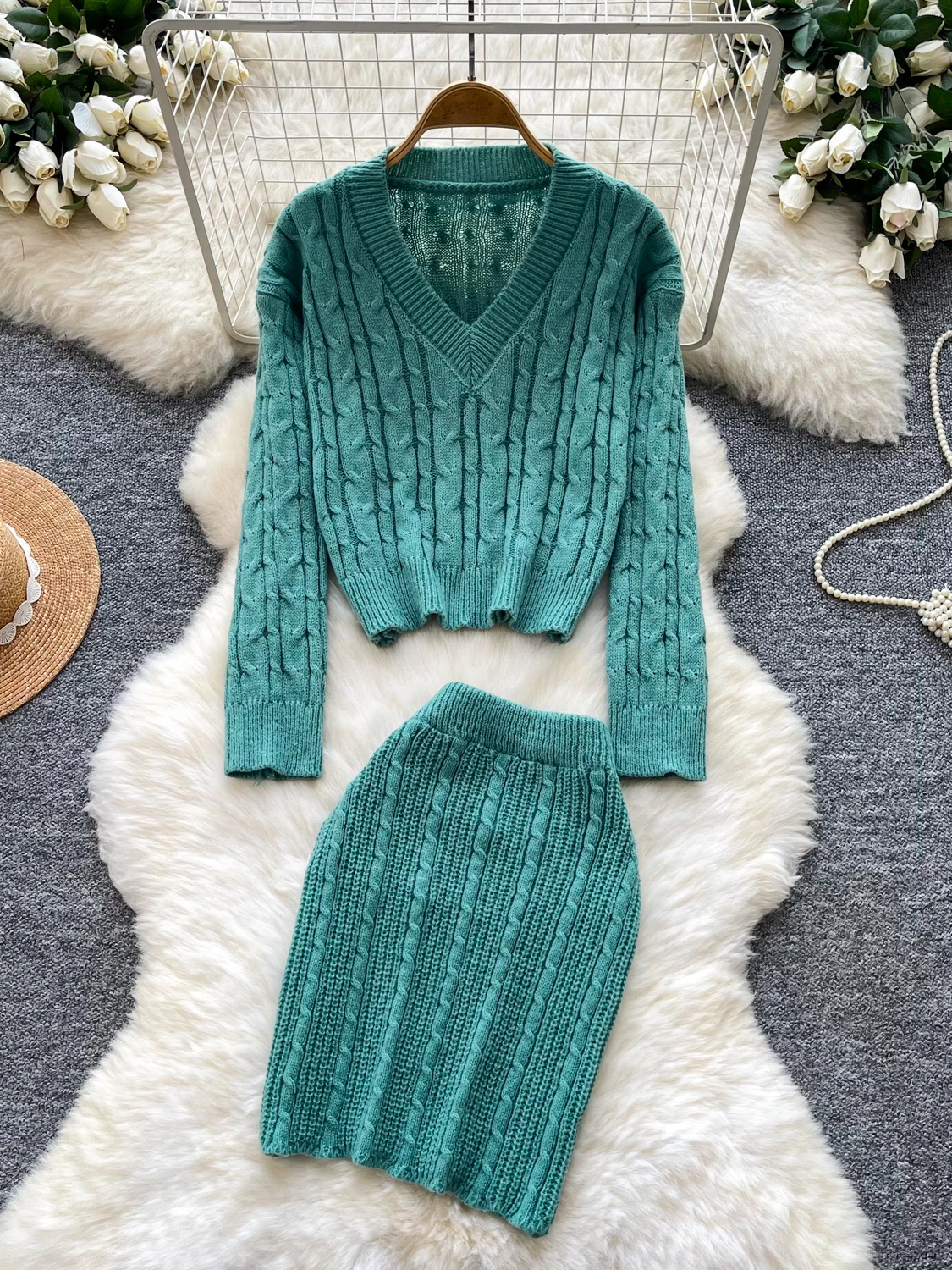 Elegant Autumn Knitted Set Women's V-Neck Slim Fit Short Skirt Two-Piece Suite Commute Style High Waist Polyester Fiber