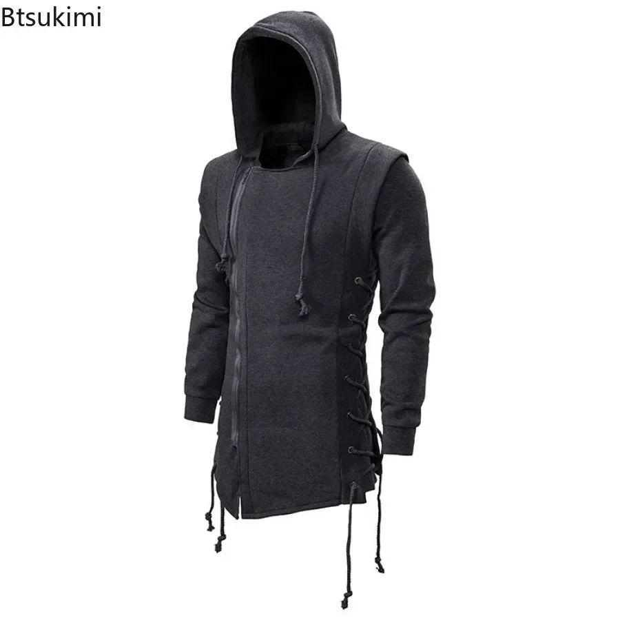 New 2024 Men\'s Casual Hoodies Sweatshirts Solid Black Grey Long Sleeve Hoodie Men Slim Fit Dark Hooded Loose Jacket Coats Male