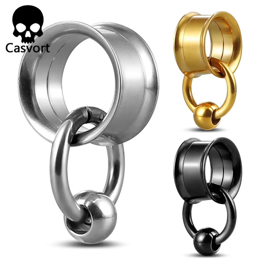 Casvort 2PCS Ear Gauges Tunnels 316 Stainless Steel Plugs with Rings Ball Stretcher Studs Women Men Body Piercing Jewelry