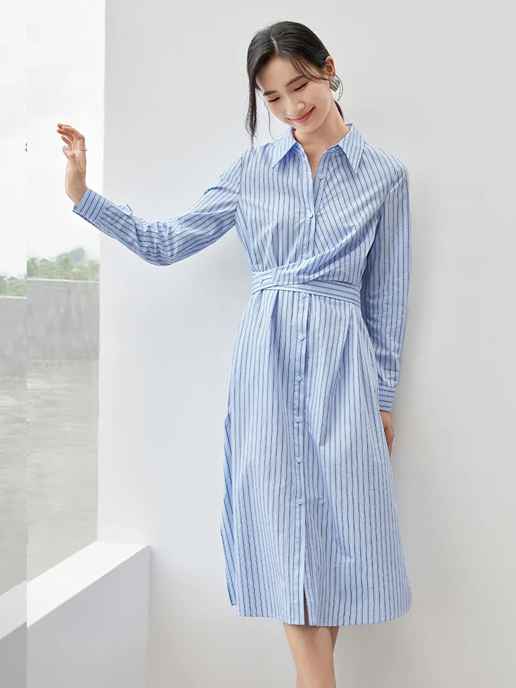 SENTUBILA Striped Cotton Shirt Dress for Women 2024 Autumn Fashion Straight Tie Belt Office Lady Work Business Dress 143L56608