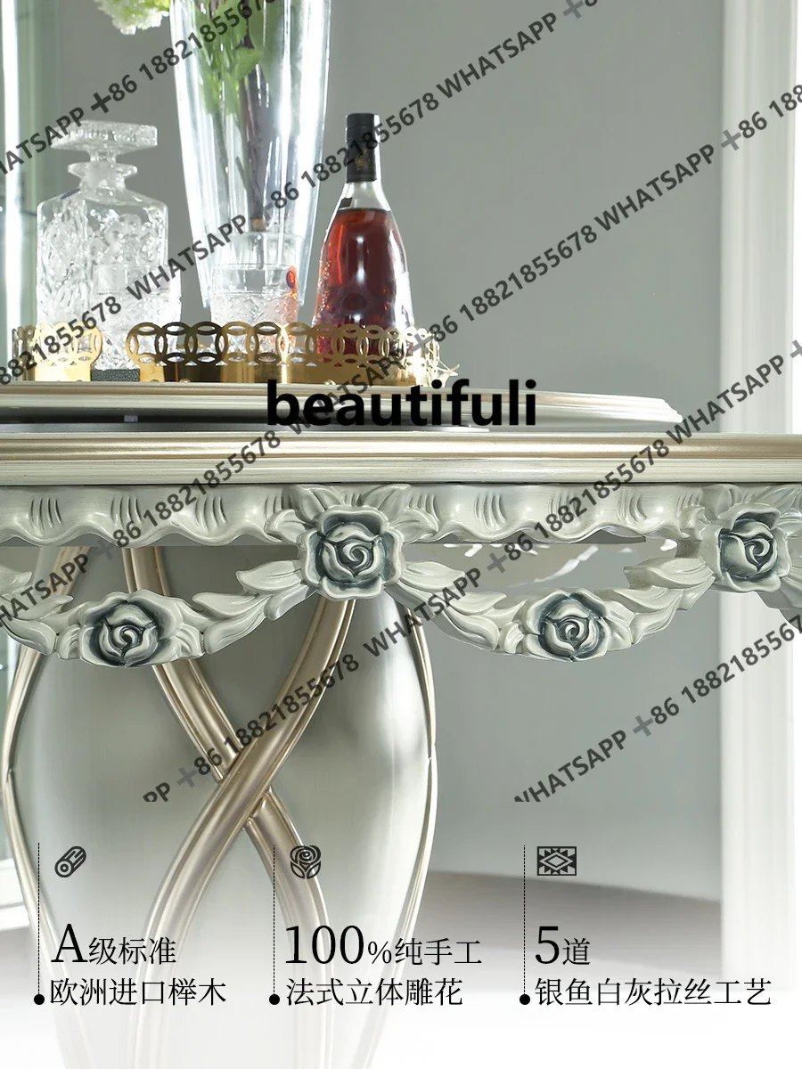 French solid wood turntable round dining table European retro carved dining table and chairs SE4