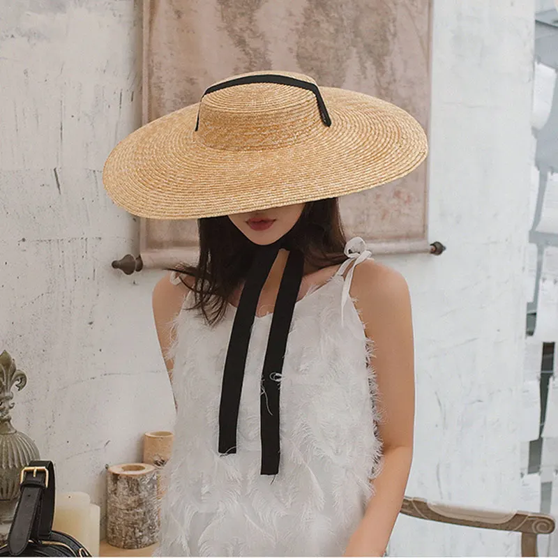 New Summer Straw Flat Top Large Brim Tie Straw Hat Wide Brim Women\'s Hat Vintage Stylish Beach Straw Hat Sombrero Mujer Playa