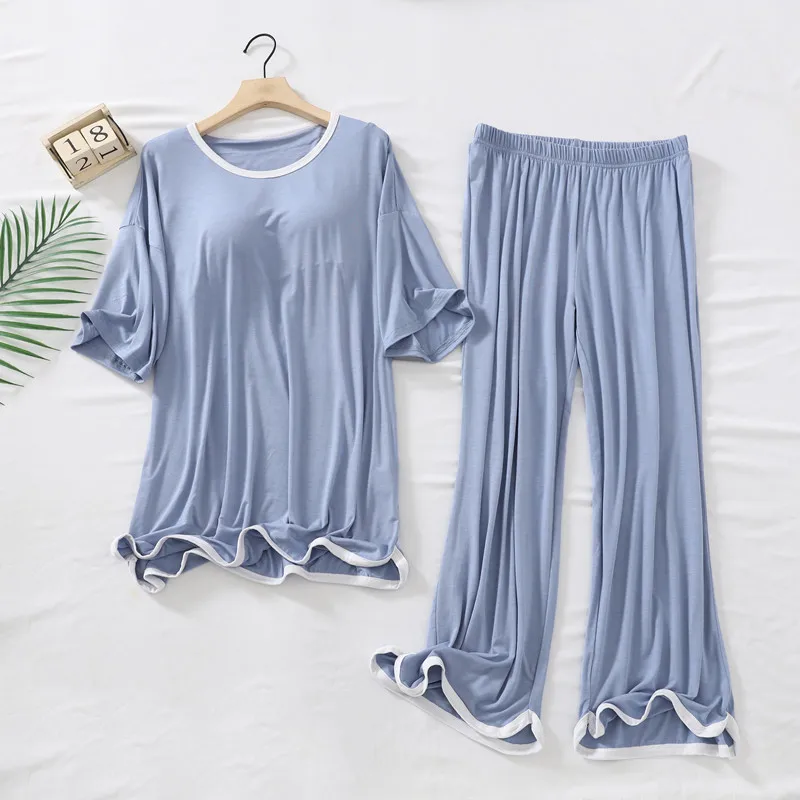 Fdfklak Lady Lounge Wear Round Neck Sleepwear Modal Pajamas Suit Female With Chest Pad Spring Autumn New Home Clothes