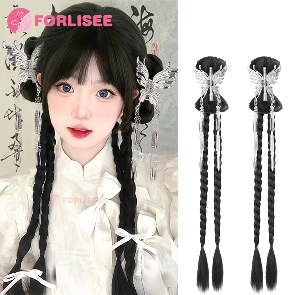 

FORLISEE Synthetic Ponytail Wig Women Chinese Claw Clip Bowknot Braided Hair Natural Chinese Style Hanfu Ponytail