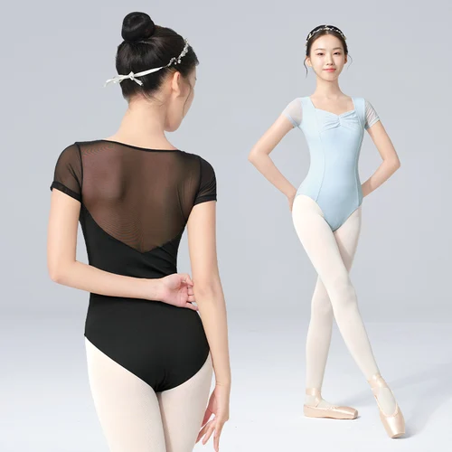 Leotardo de Ballet negro para mujer, mono de baile de manga corta, trajes de gimnasia empalmados de malla suave, ropa de bailarina transpirable