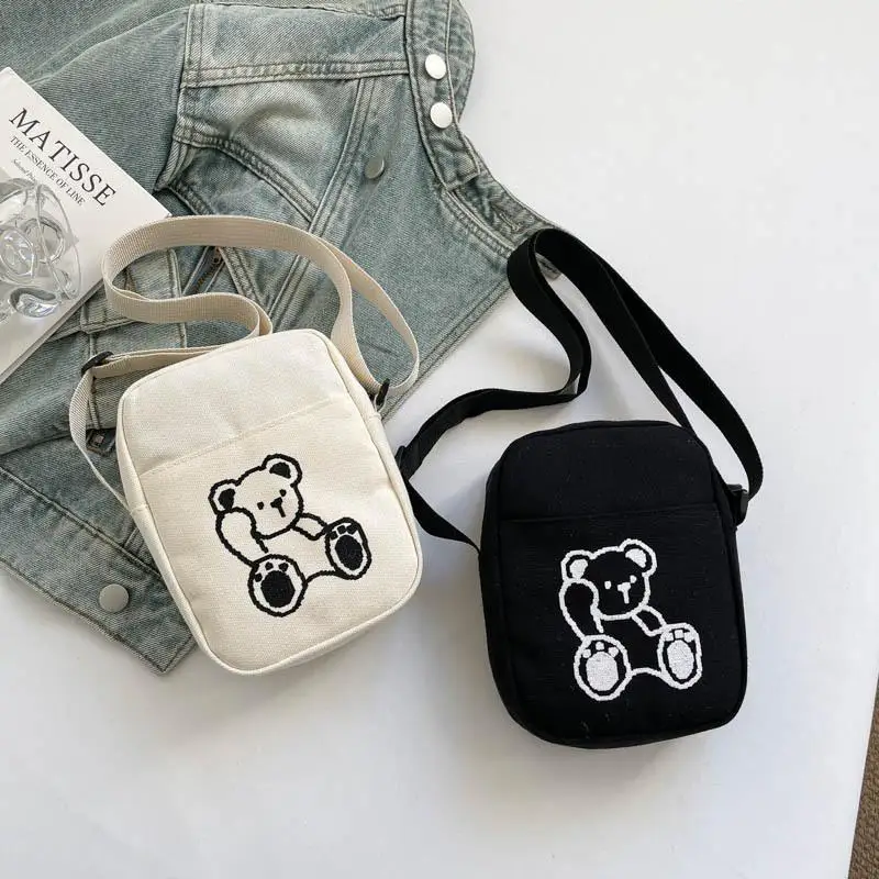 Mini Bear Embroidered Canvas Crossbody Bag for Women Small Shoulder Purse Casual Outing Lightweight Trendy Messenger Bag