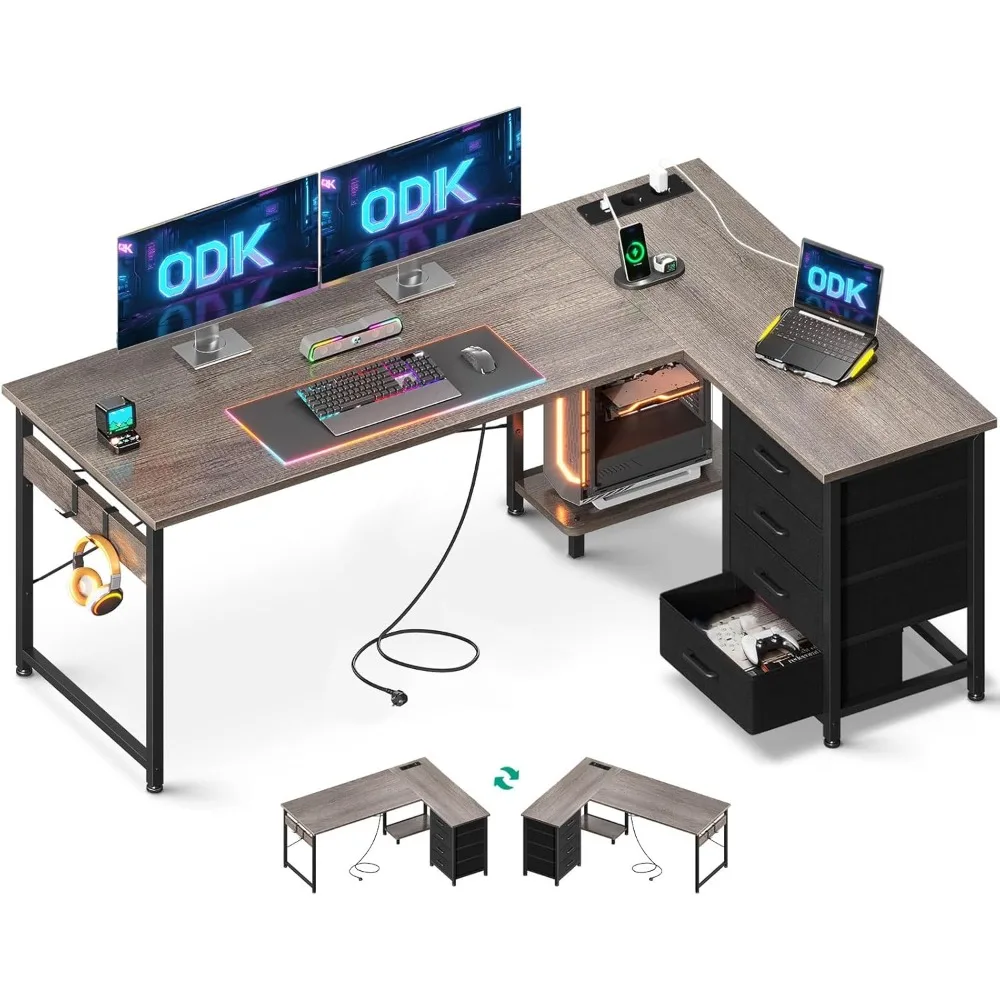 Escritorio esquinero con cajones, escritorio L de 155 × 110 cm con enchufes y puerto de carga USB, escritorio esquinero Reversible con almacenamiento para el hogar