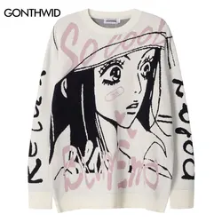 Vintage Sweater Y2K Harajuku Knitted Japanese Cartoon Anime Girl Graphic Jumpers Streetwear Hip Hop Long Sleeve Sweaters Grunge