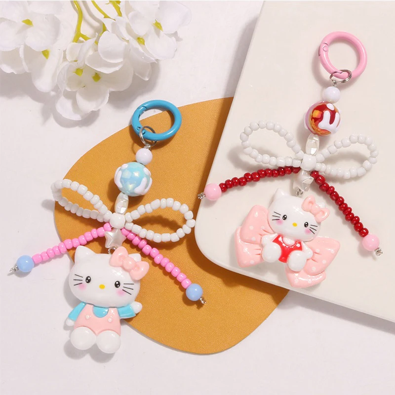 Sanrio Hello Kitty Bow Beaded Mobile Phone Chain Backpack Keychain Pendant Bag Hanging KT Cat Decoration Girly Heart Gift