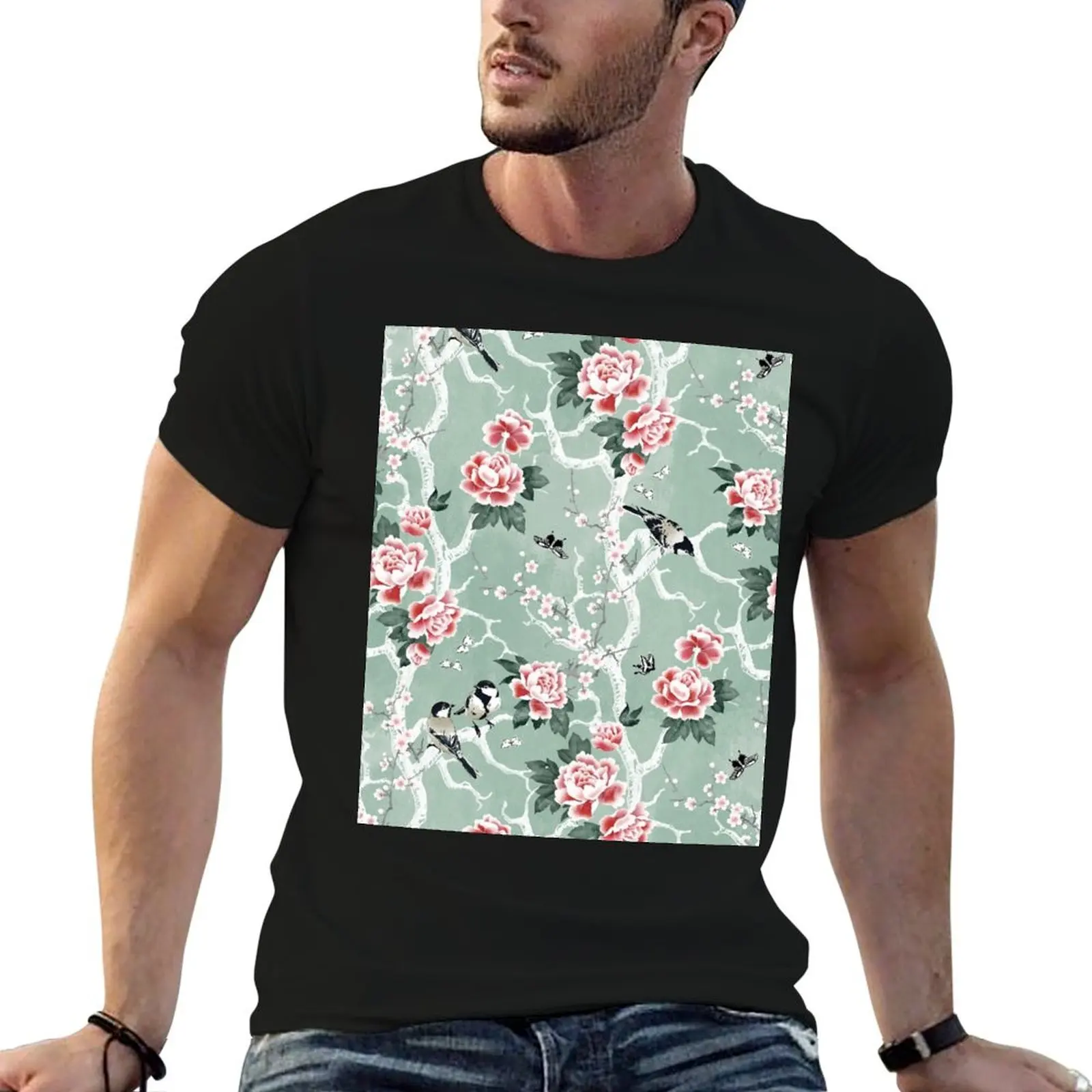 Chinoiserie birds in green T-Shirt cotton graphic tees shirts graphic tees anime Men's t shirts