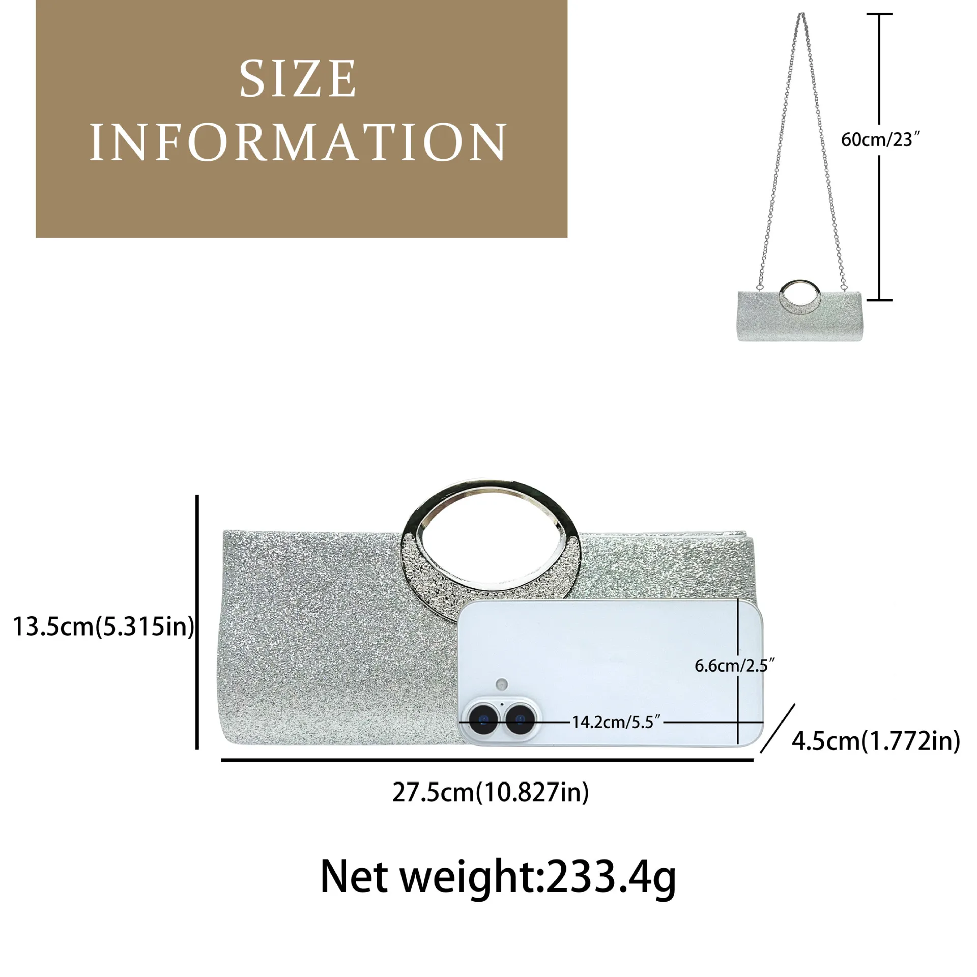 Silver Glitter Rhinestone Ring Handle Evening Clutch Bag, Sparkling Rectangular Formal Purse Wedding Party Handbag Mid Age Women