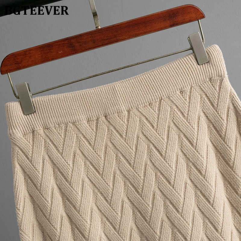 BGTEEVER Elegant Warm Ladies 2 Pieces Knitted Set Long Sleeve Turtleneck Sweaters & High Waist Straight Skirts Autumn Winter