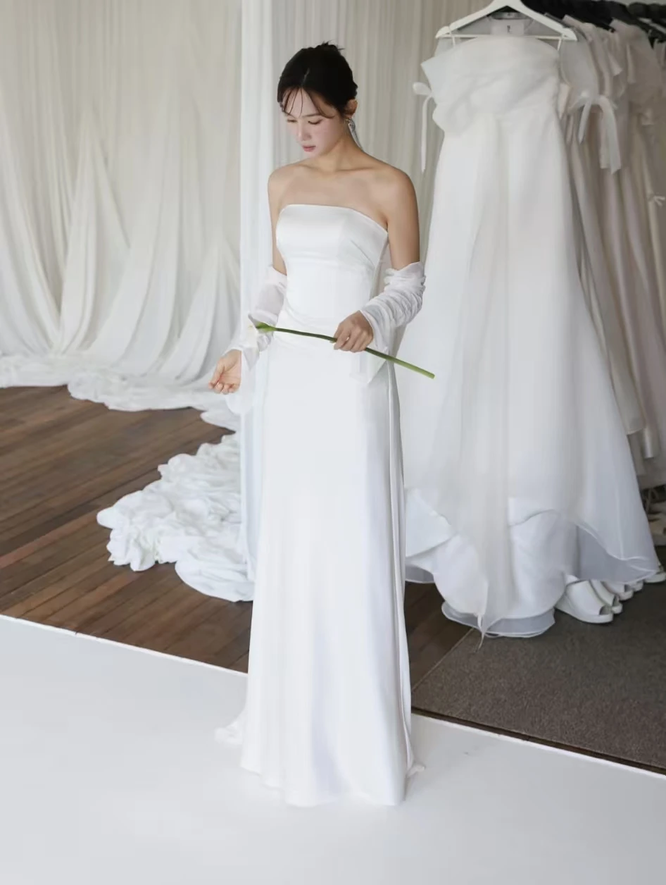 ZHIO Simple Ivory Satin Wedding Party Dress 2PCS with Jacket A-Line Bride Korea Photo Shoot Evening Gown Customized 웨딩드레스