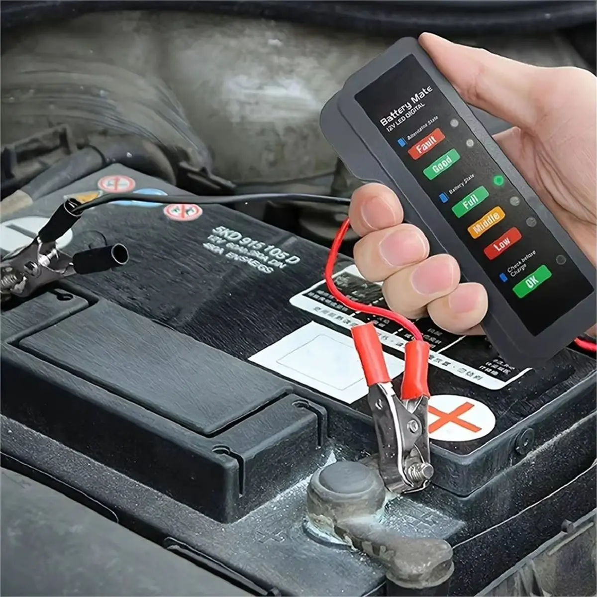 12V Car Battery Tester Digital LED Alternator Analyzer Battery State Checker Diagnostic Tool with Alligator Clamps