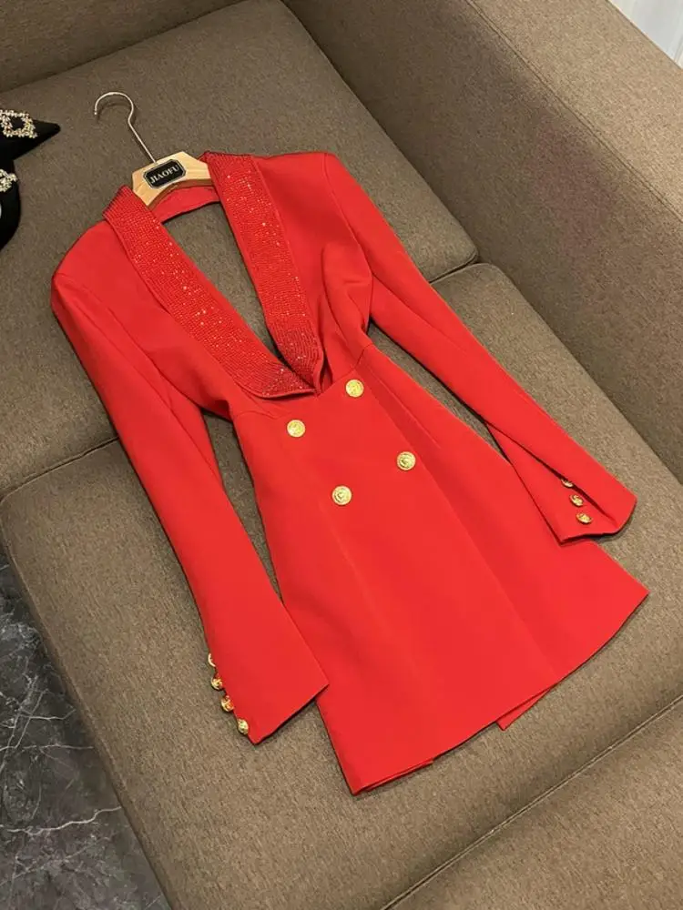

Ele Deep V-Ne Bal Women's Suit Jaet Heavy Embroidery Splice Design Faionable Commute Sle Long Sve Coat