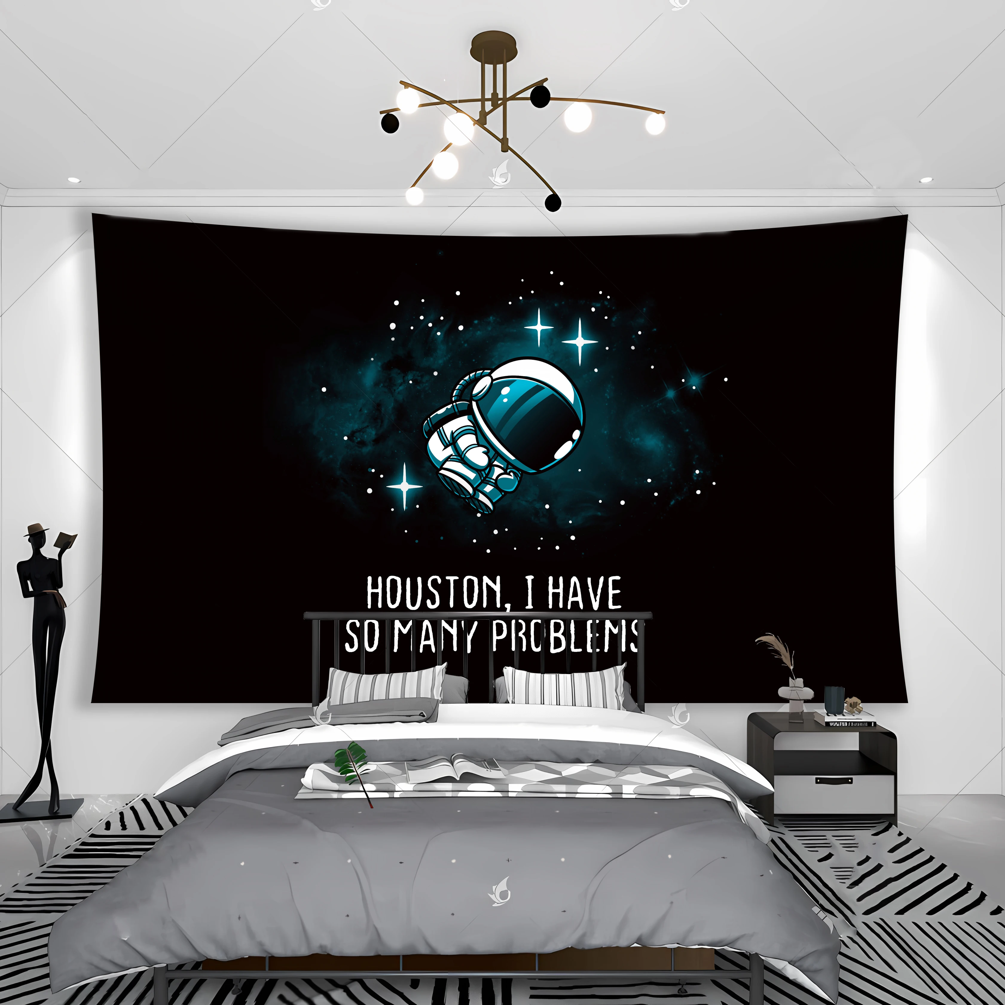 Houston I Have A Lot Of Questions Astronaut Tapestry Banner Flag Cosmic Bohemian Fun Room Wall Hanging