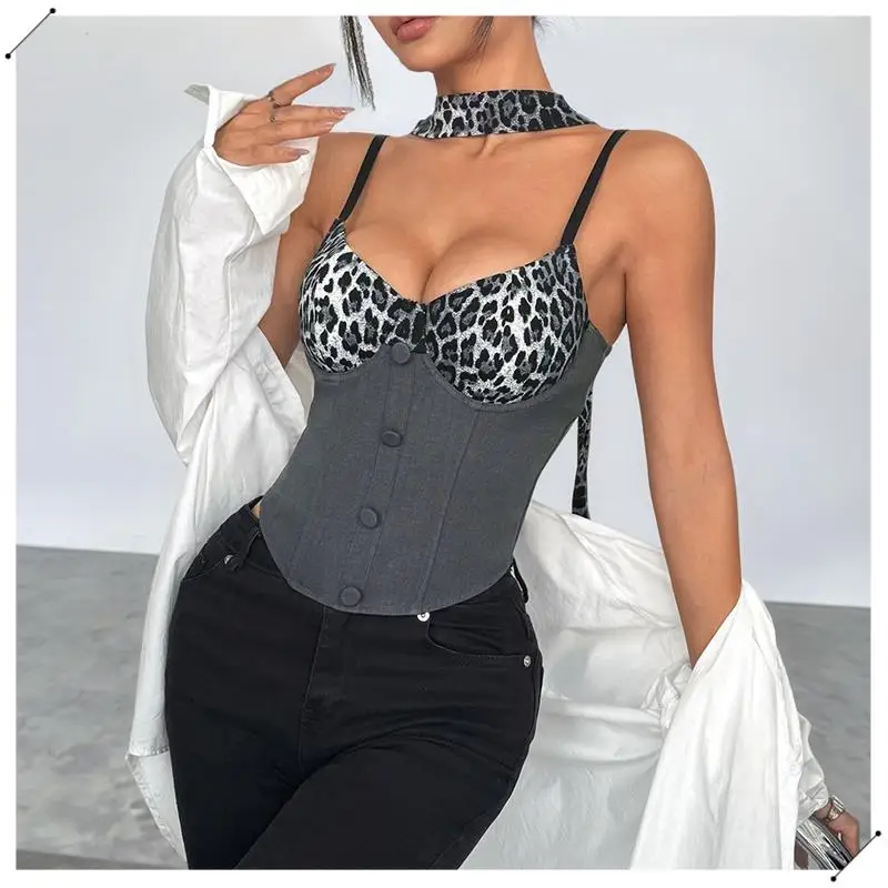Women's Leopard Print Contrast Halter Crop Top, Deep V Neck, Button Closure, Sleeveless, Open Back Tank Top