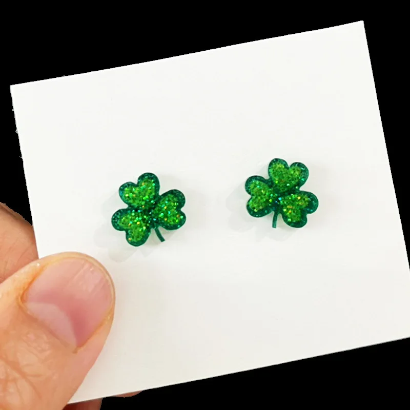 4 leaf Clover Earrings in Green glitter acrylic, 2025 St Patricks Day jewelry, Green Acrylic St Patricks Day STUD EARRINGS