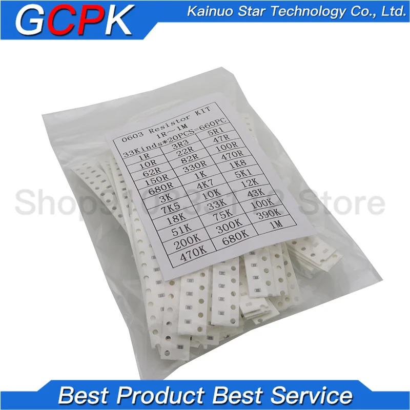 0603 SMD Resistor Kit Assorted Kit 1ohm-1M ohm 1% 33valuesX 20pcs=660pcs Sample Kit